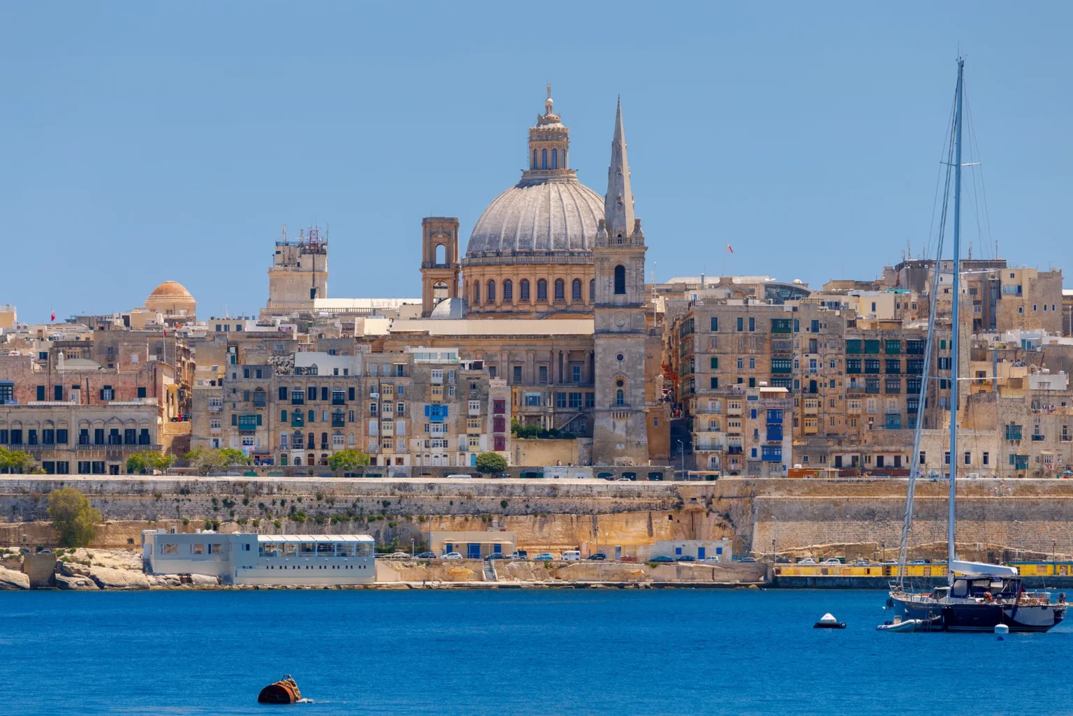Valletta skyline with the dome of the Carmelite Church, seen across Marsamxett Harbour