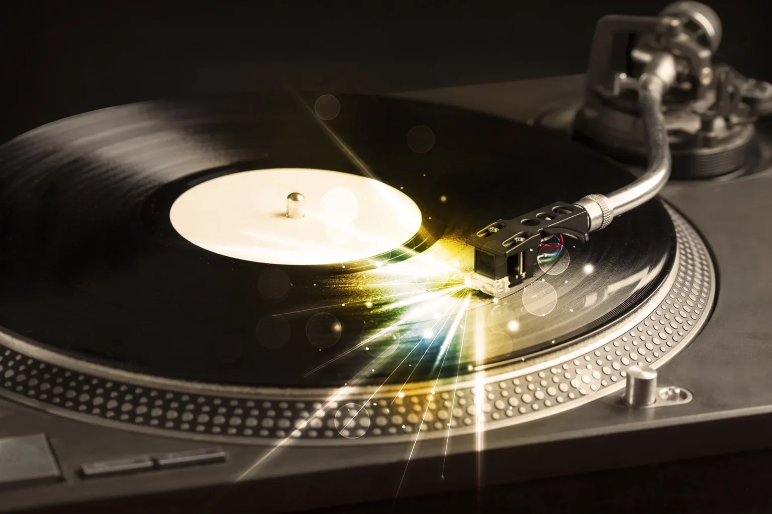 Vinyl record spinning on a DJ turntable